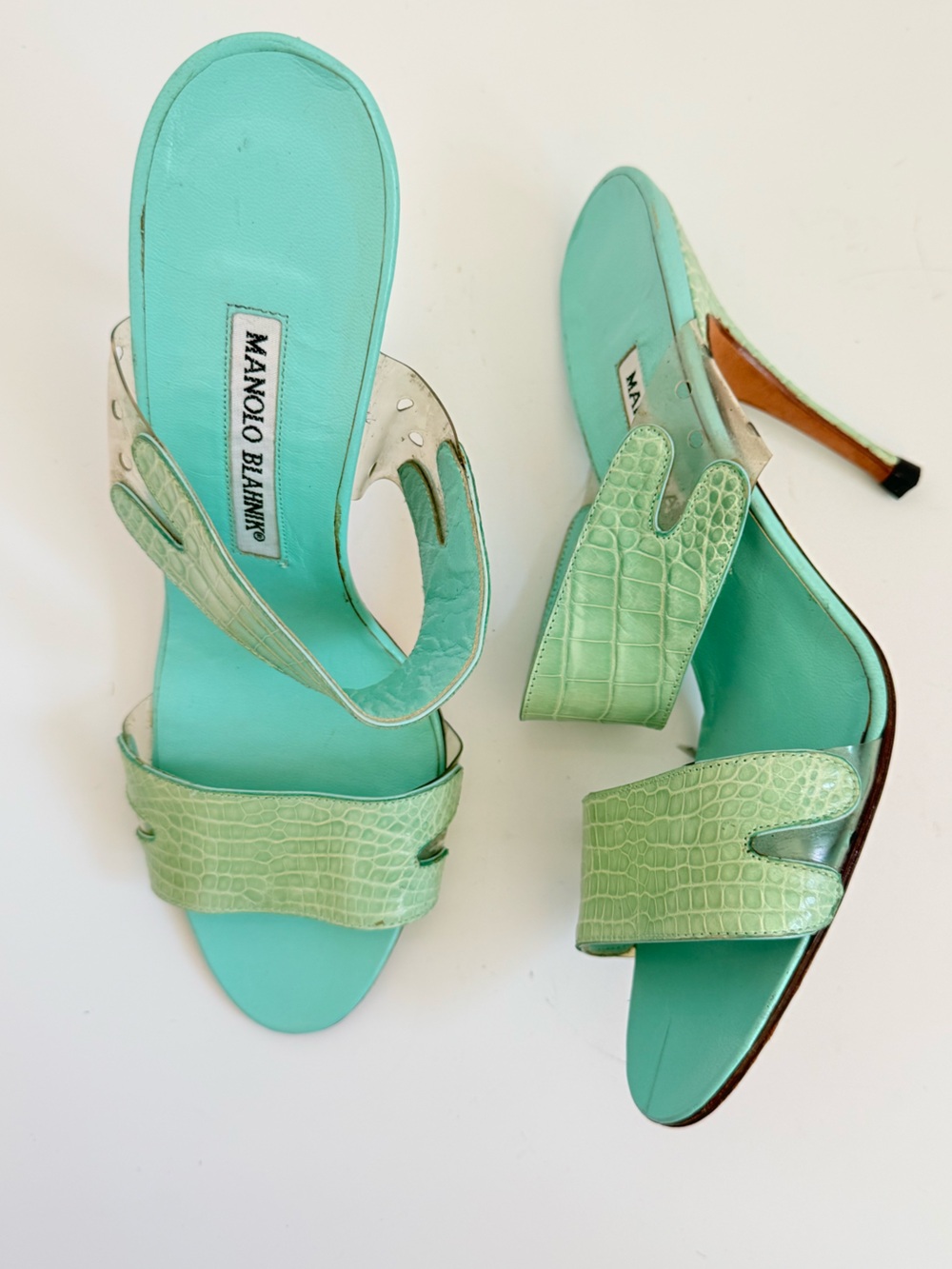 Manolo Blahnik Vintage Y2K Crocodile Clear PVC Stiletto Mules 37.5 Rare